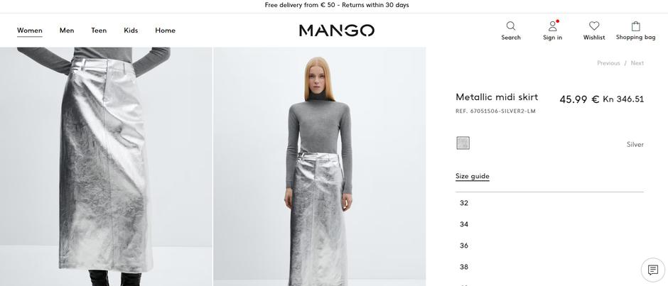Foto: Mango, screenshot, metalik suknja | Autor: 